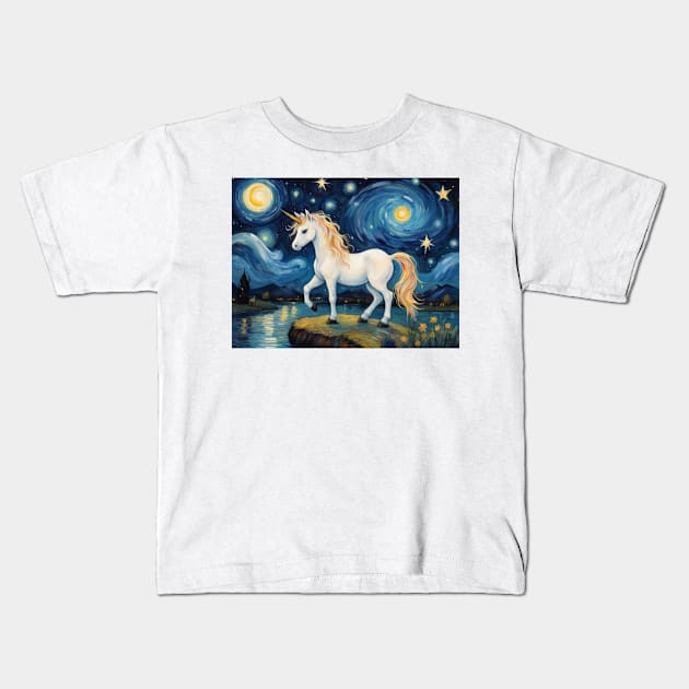 Unicorn at Starry Night Kids T-Shirt by Perspektiva